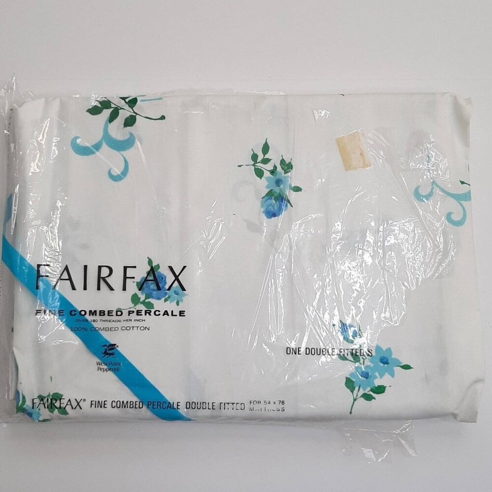 Vtg NEW Fairfax Blue Floral Unused DOUBLE FITTED Bed Sheet Fine Cotton Percale
